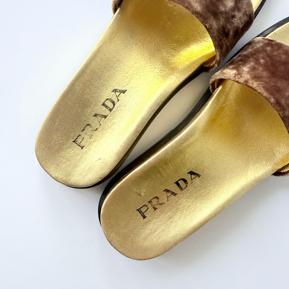 Prada Velvet Slide Sandals in Brown & Gold Size 36 - Picture 11 of 15